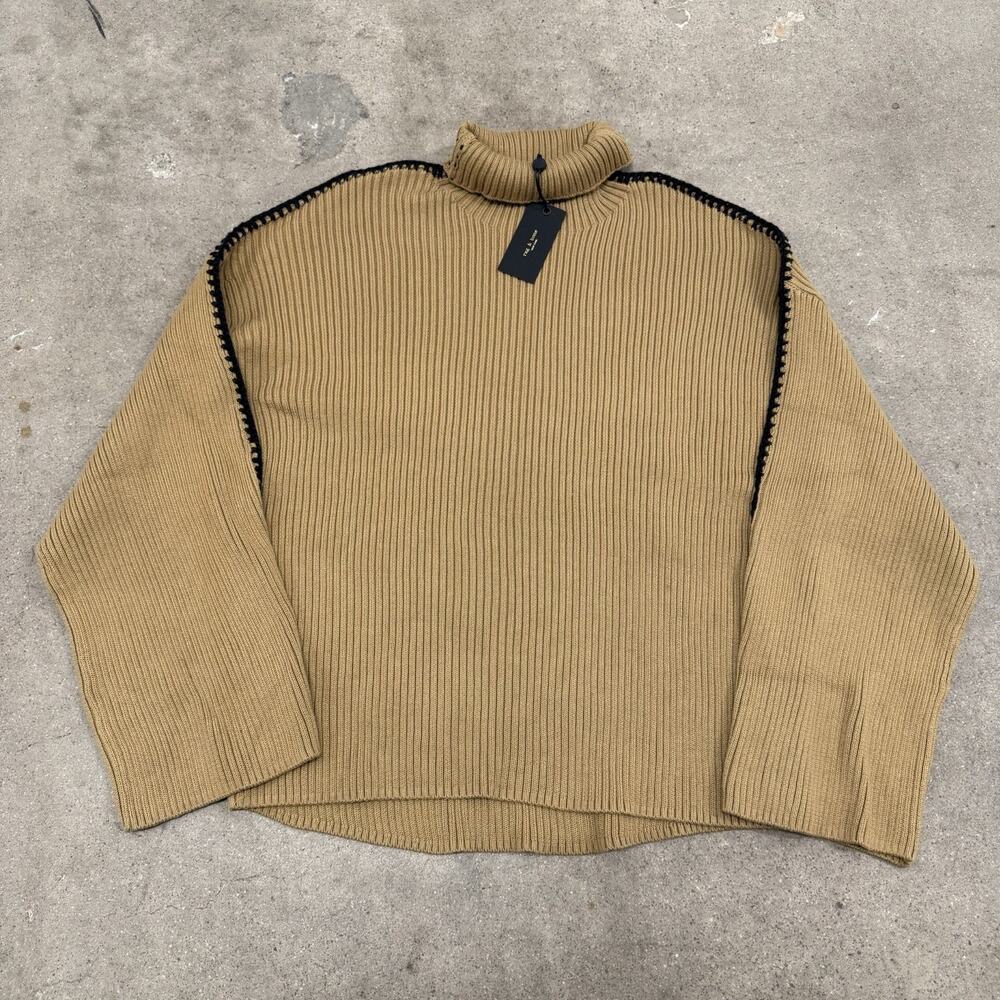 NWT Rag & Bone Tan Ally Ingrid Whipstitch Detail Mock Neck Sweater Khaki Medium